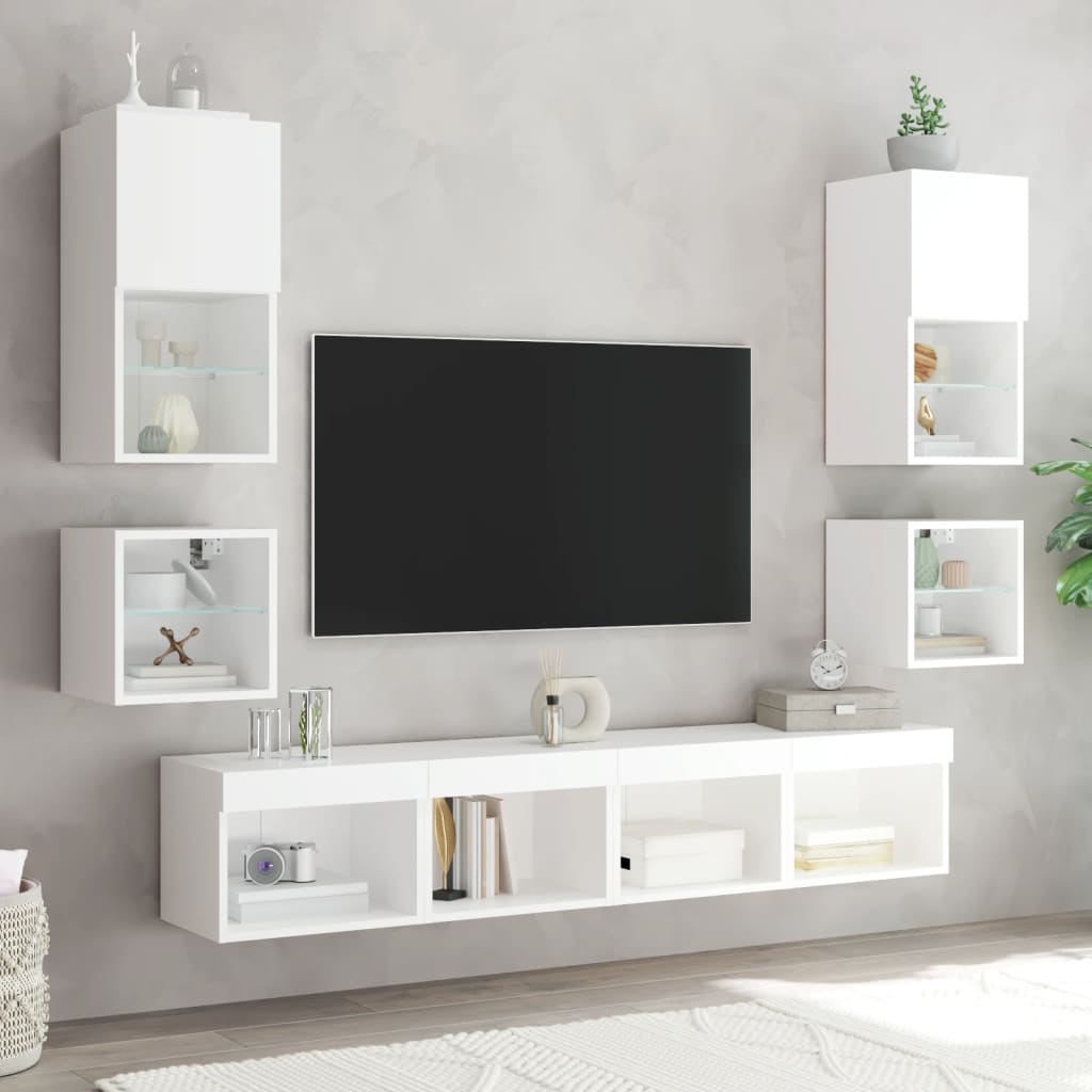 vidaXL Mobili TV a Muro con LED 8pz Bianchi in Legno Multistrato