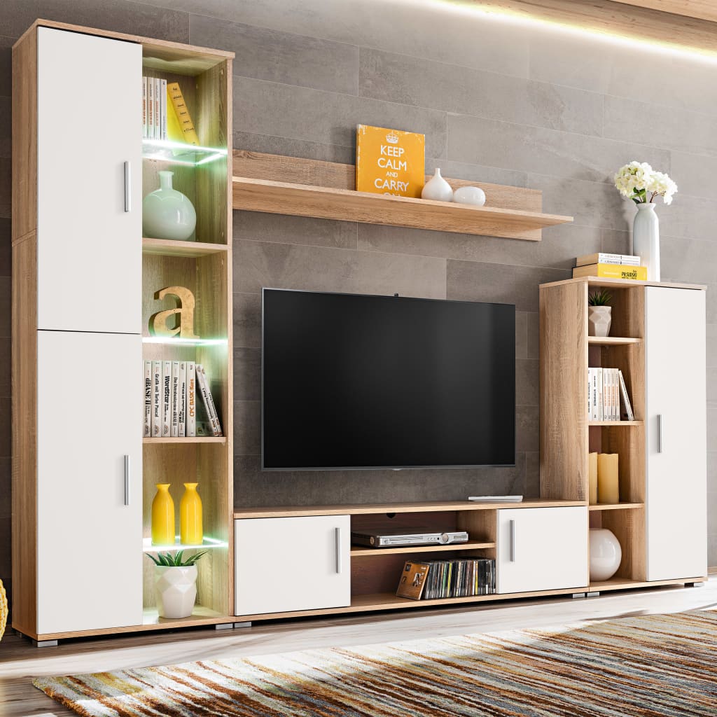 Parete Attrezzata Willood Porta TV Con LED | Rovere Sonoma E Bianco | 260x180 Cm